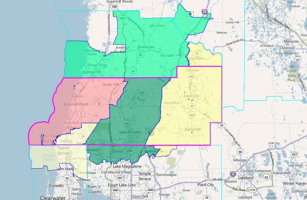 Cent-34: HPUBH0016 State House Districts Based in Pasco County 71 Description: Partial State House redistricting plan with five districts drawn.