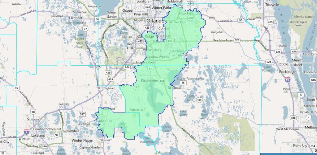 Cent-37: HPUBC0023 Congressional District Based in Central Florida 74 Description: Partial Congressional redistricting plan with one district drawn.