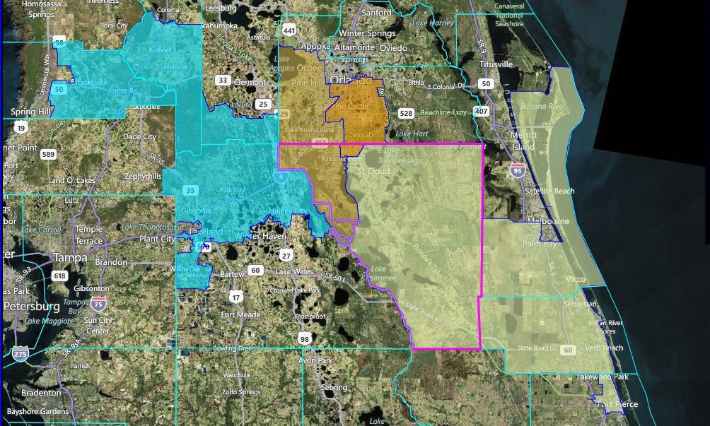 Cent-38: HPUBS0053 Osceola County s State Senate Districts 78 Description: Partial State Senate redistricting plan with four districts drawn or impacted.