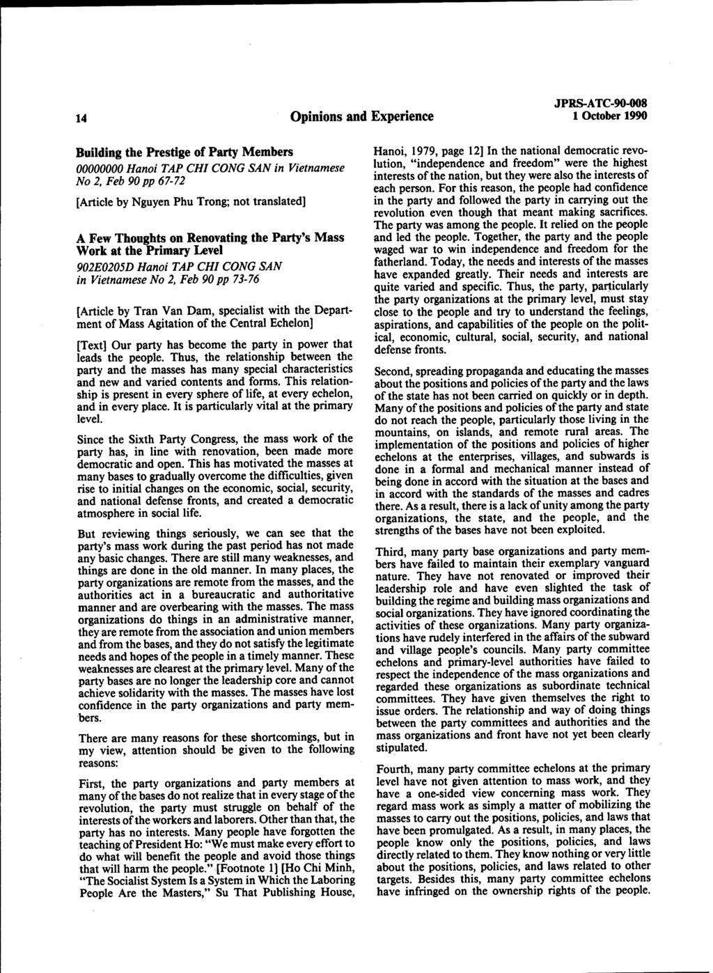 14 Opinions and Experience 1 October 1990 Building the Prestige of Party Members 00000000 Hanoi TAP CHI CONG SAN in Vietnamese No 2, Feb 90pp 67-72 [Article by Nguyen Phu Trong; not translated] A Few