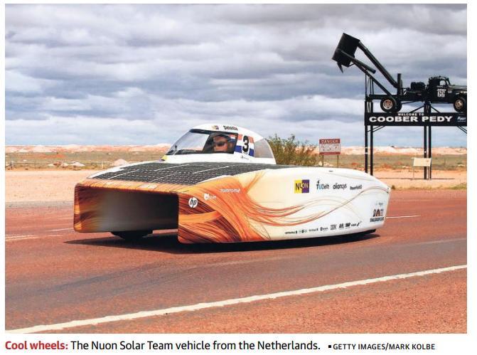 Page-18- Dutch team wins solar car race Contestants from across the globe harness the sun s energy to travel 3,000 km across Australia Dutch team Nuon on Thursday won a 3,000-km solar car race across