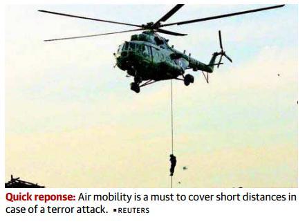 Continue Page-10- NSG goes without wings for 2 years The only two helicopters available with the National Security Guard (NSG), India s counter-terror force, have been grounded.