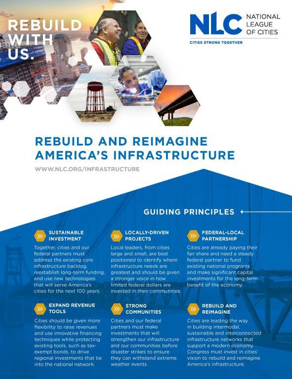 Rebuild With Us Infrastructure is NLC s Top Priority in 2019 Guiding Principles Sustainable Investment Locally-Driven Projects Federal-Local Partnership Expand Revenue Tools Strong Communities