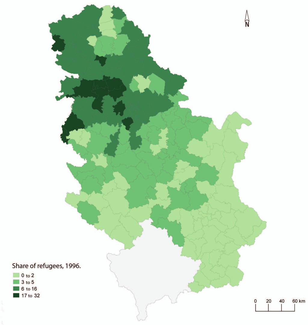 Figure 1. Share of refugees in total population by municipalities,1996 According to Census (2001), there was 377.131 refugees: 139.076 in the territory of Belgrade city, 95.