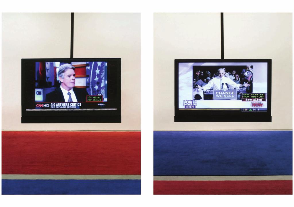Jonathan Horowitz, Culture Wars (CNN vs. Fox) and Your Land/My Land (installation view), both 2008. Courtesy the artist and Gavin Brown s enterprise, New York.