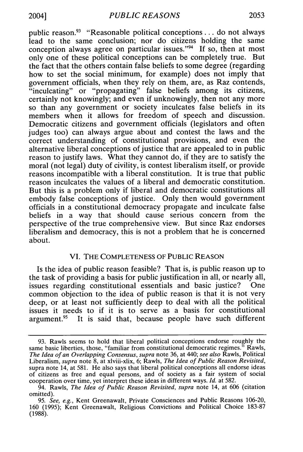 2004] PUBLIC REASONS 2053 public reason.1 3 "Reasonable political conceptions... do not always lead to the same conclusion; nor do citizens holding the same conception always agree on particular issues.