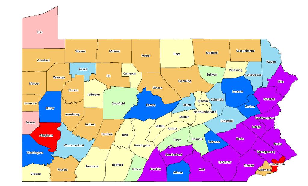 Counties: 2010-16 Only 20 counties had an increase in population due to net migration during 2000-16 9 of the 20 counties were located in southern PA Allegheny County core of the
