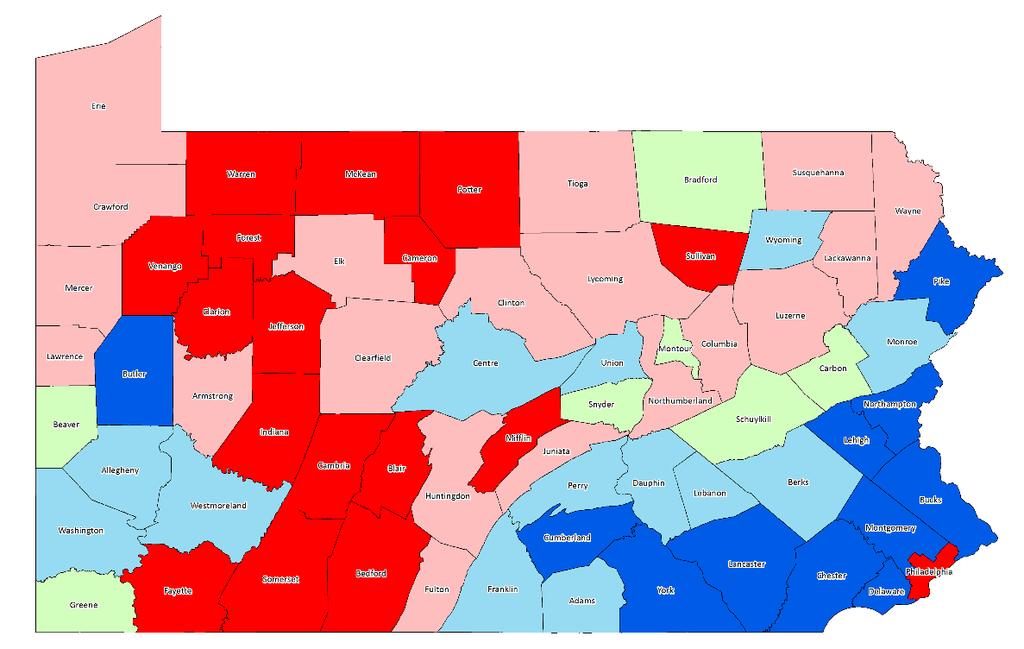 Pennsylvania Household Incomes: 2000-16 Median Household Income 67 Counties: 2000-16 Highlights Map 16: Median Household Income 2016* 11 counties had median household incomes of