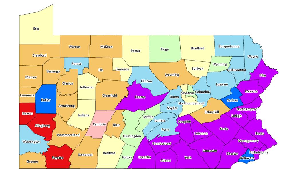 Map 2: Population 2010-17: 67 Counties Slower but solid growth in the 15 counties in Southeast PA Only four of 52 counties