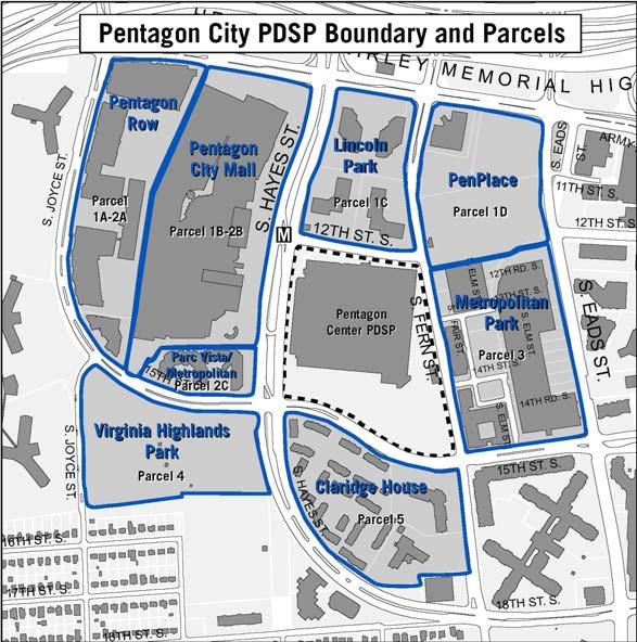 The approximately 16 acre Metropolitan Park block is identified as Parcel 3 by the Pentagon City PDSP and is assigned a density allotment of 2,282 residential units, 300 hotel units and 100,000