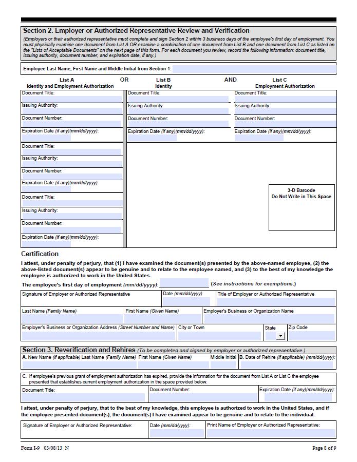 NEW FORM I-9 EMPLOYER SECTION 2 & 3 Section