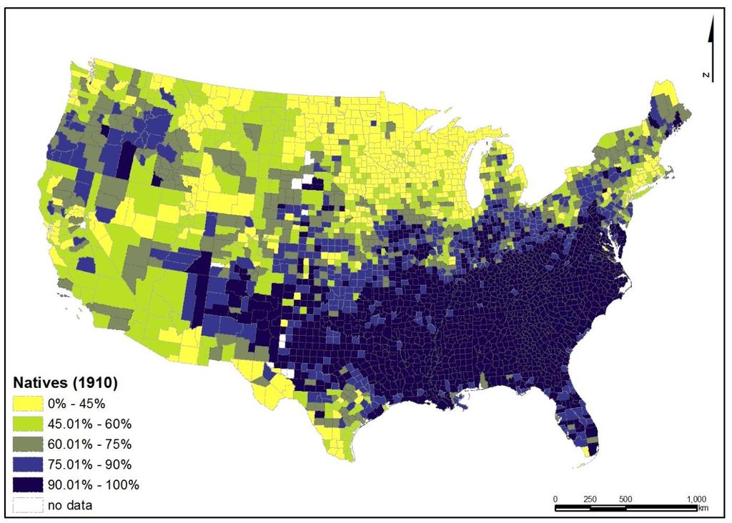 Figure 4. Percentage of US-born residents by county in 1910. Source: Own elaboration. By contrast, US-born residents were overwhelmingly dominant in the South.