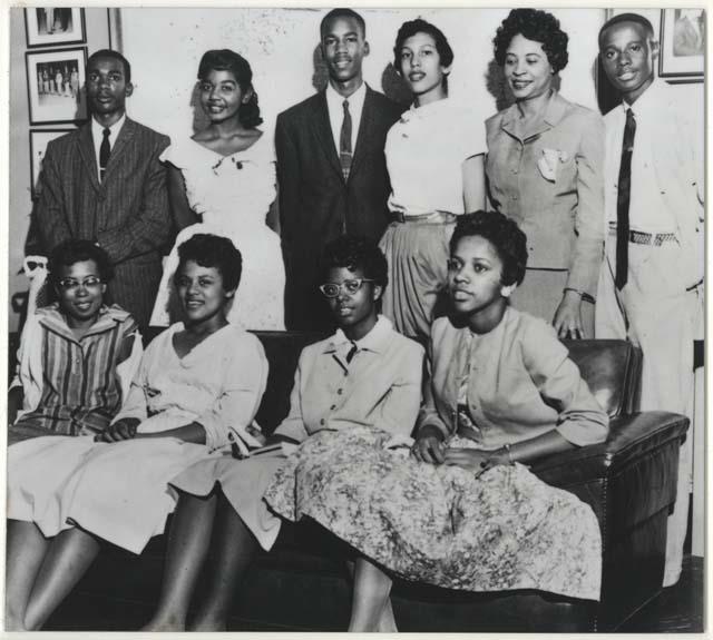 Little Rock 1957-58 Pictured here with Daisy Bates, a newspaper journalist and active member in the local NAACP, are nine students, Ernest Green, Thelma