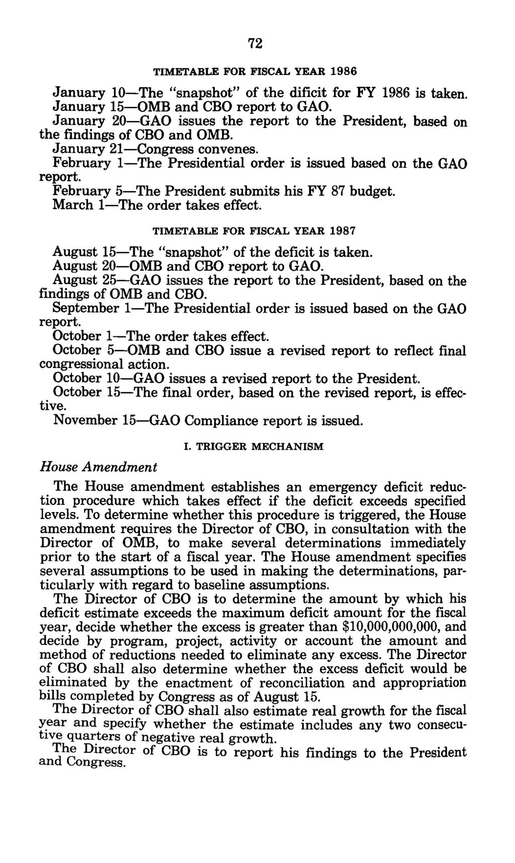 TIMETABLE FOR FISCAL YEAR 1986 January 10-The "snapshot" of the dificit for FY 1986 is taken. January 15-OMB and CBO report to GAO.