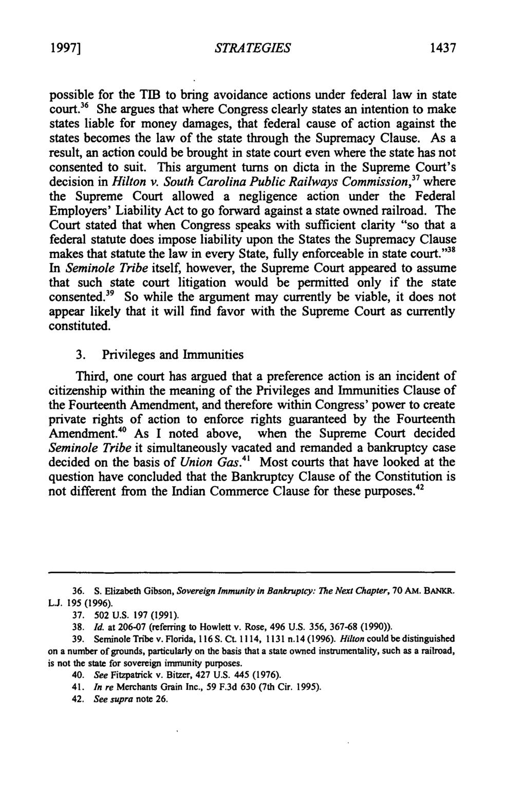1997] STRATEGIES 1437 possible for the TIB to bring avoidance actions under federal law in state court.