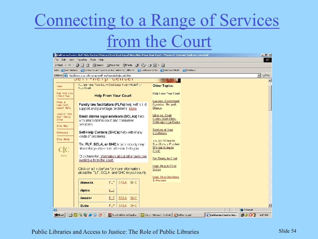 This slide shows the range of court self-help services available to the litigants with links to all 58 counties.