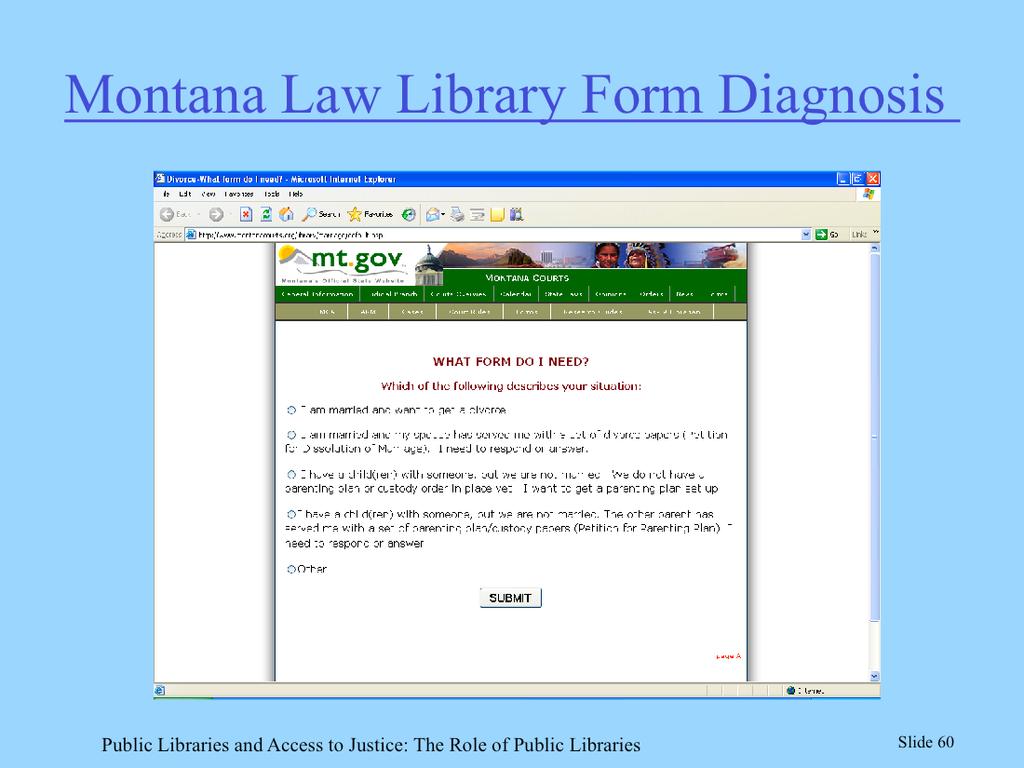 Here is an example of a front end with a diagnostic process that helps litigants find the right form.