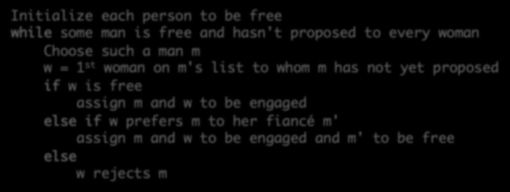 free else w rejects m 17 Applying the Algorithm least least Zeus Amy Bertha Clare Clare Xavier Yancey Zeus Initialize each person to be free while some man is free and hasn't proposed to every woman 