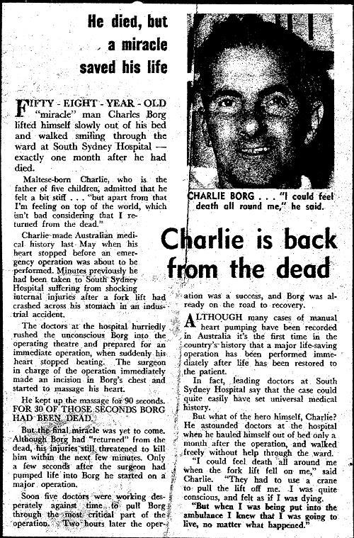 NEWS ARTICLE (late 1950s) Dad made the news after he got crushed under a forklift at work. His heart gave away, he died at South Sydney Hospital.