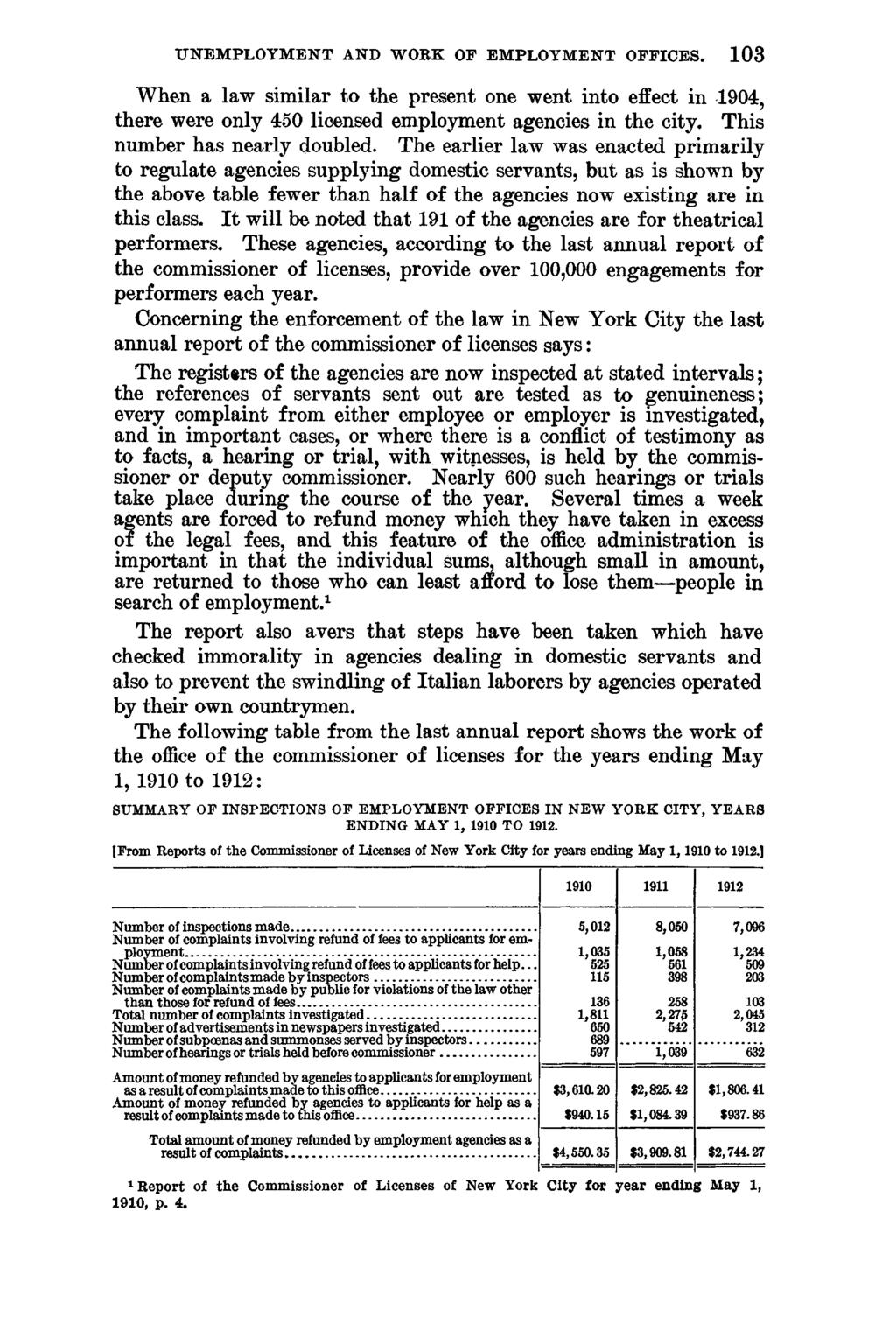 UNEMPLOYMENT AND WORK OF EMPLOYMENT OFFICES. 103 When a law similar to the present one went into effect in 1904, there were only 450 licensed employment agencies in the city.