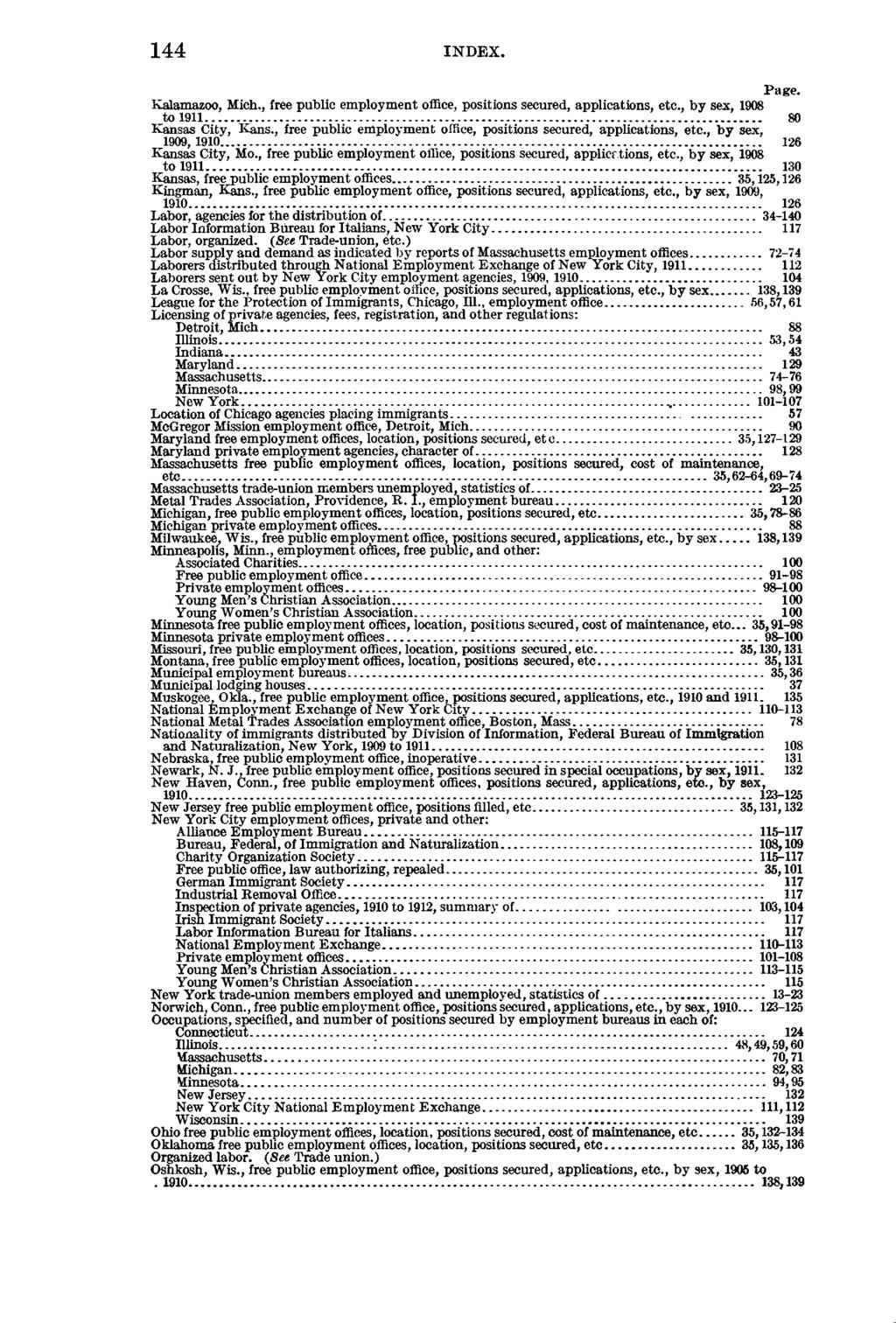144 INDEX. Page. Kalamazoo, Mich., free public employment office, positions secured, applications, etc., by sex, 1908 to 1911... 80 Kansas City, Kans.