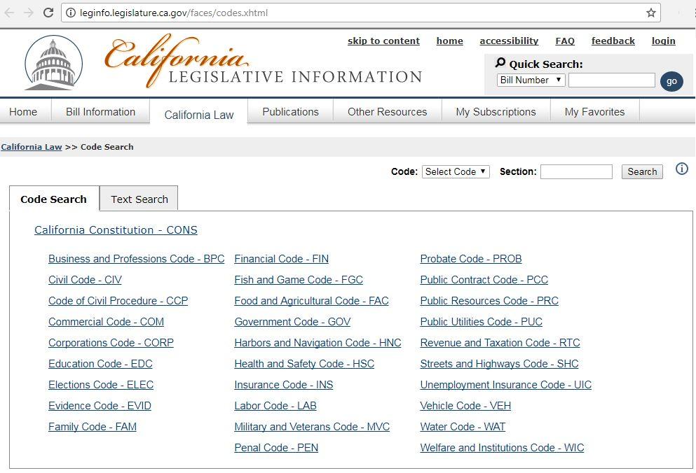 State Legislative Code Sections Our state laws are divided by subject into these Codes.