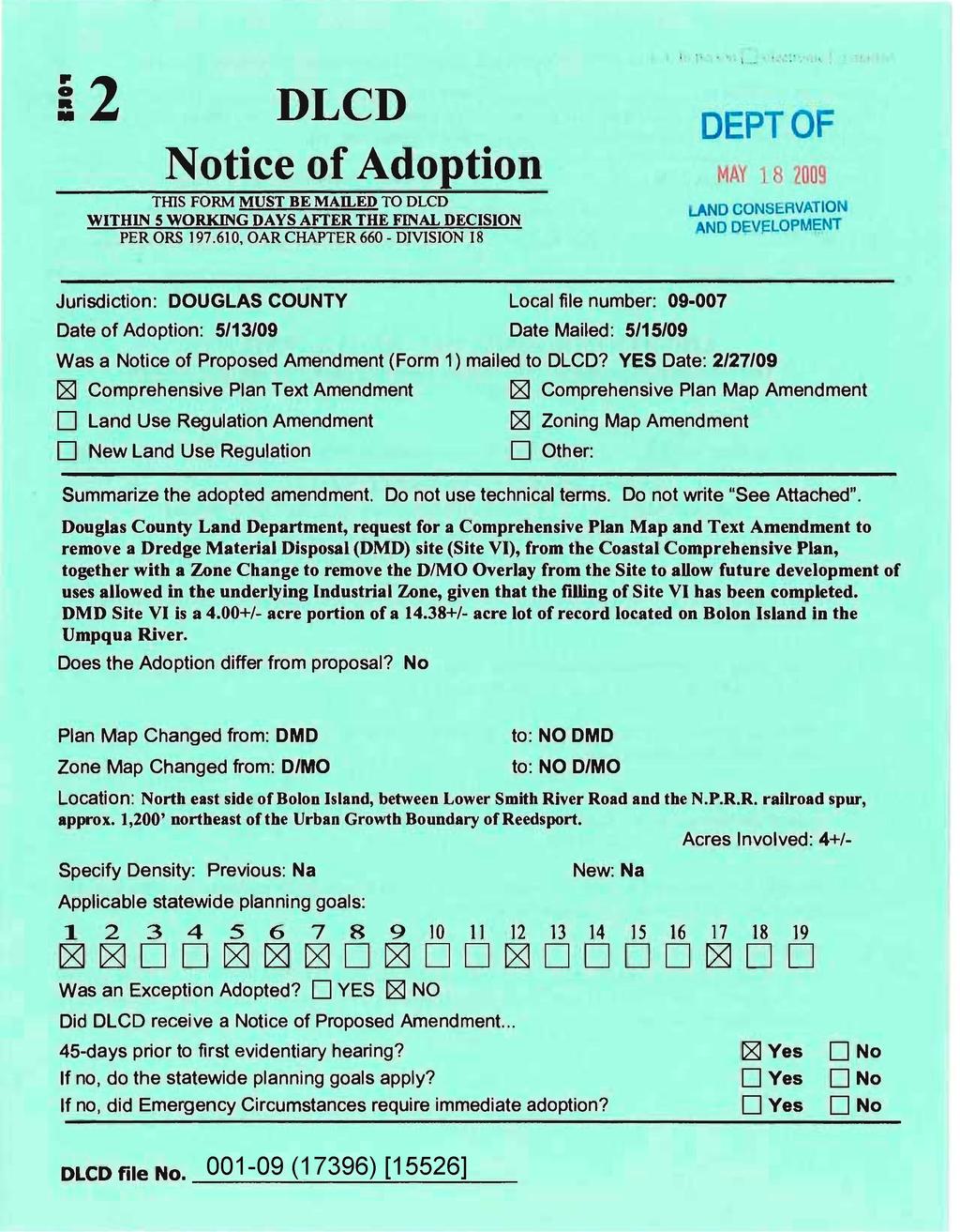 S2 DLCD Notice of Adoption DEPT OF MAY 1 8 2009 THIS FORM MUST BE MAILED TO DLCD WITHIN S WORKING DAYS AFTER THE FINAL DECISION PERORS 197.