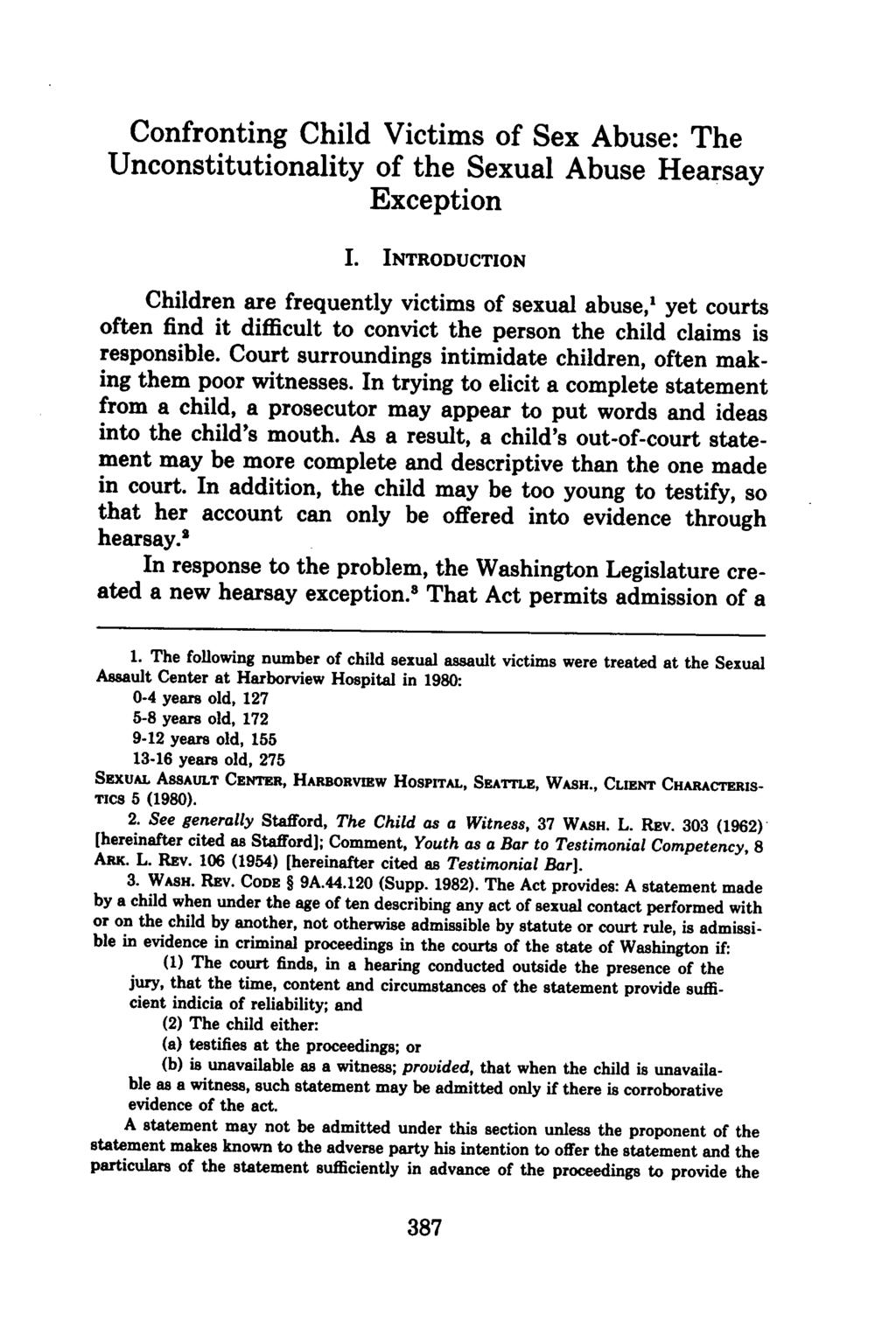 Confronting Child Victims of Sex Abuse: The Unconstitutionality of the Sexual Abuse Hearsay Exception I.