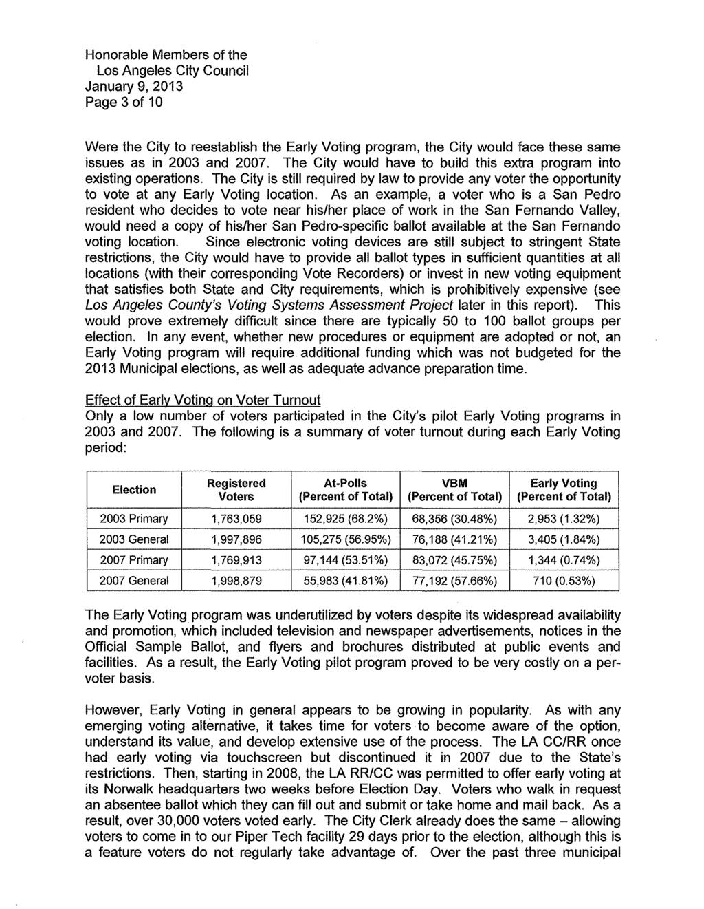 Page 3 of 10 Were the City to reestablish the Early Voting program, the City would face these same issues as in 2003 and 2007. The City would have to build this extra program into existing operations.