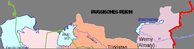 Administrative divisions of Russian Turkestan region in 1900. Modern day borders are drawn in green. Source: Wikipedia.