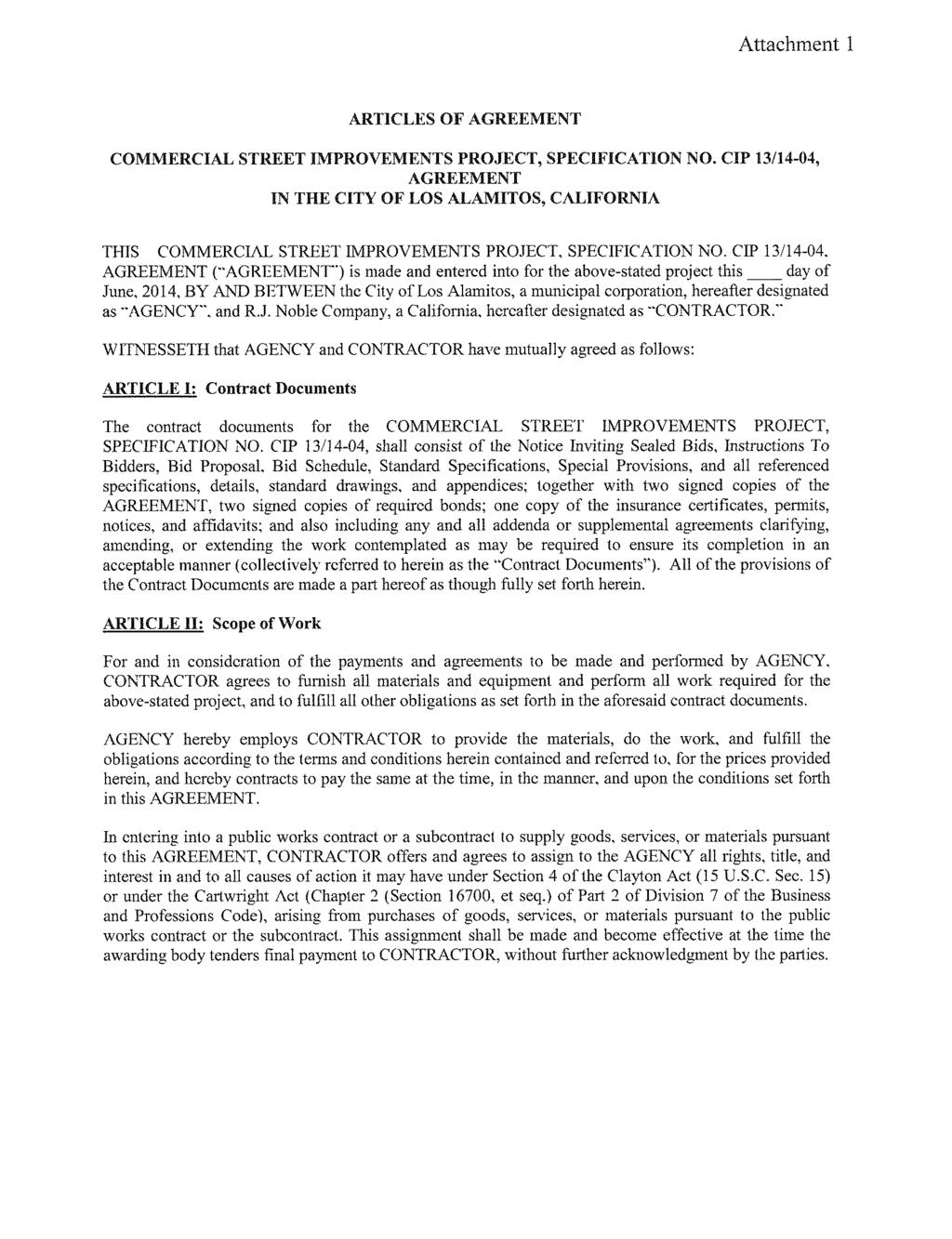 Attachment 1 ARTICLES OF AGREEMENT COMMERCIAL STREET IMPROVEMENTS PROJECT, SPECIFICATION NO.