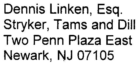 Stryker, Tams and Dill Two Penn Plaza East Newark, NJ 07105 Nancy Kearns Township Clerk Township of