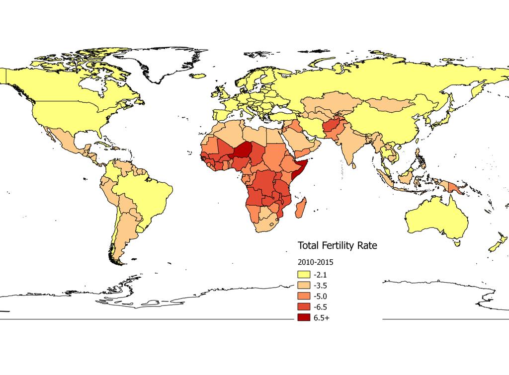 Total Fertility Rate(2010-2015) Many countries are below replacement level Source : United Nations, Department of