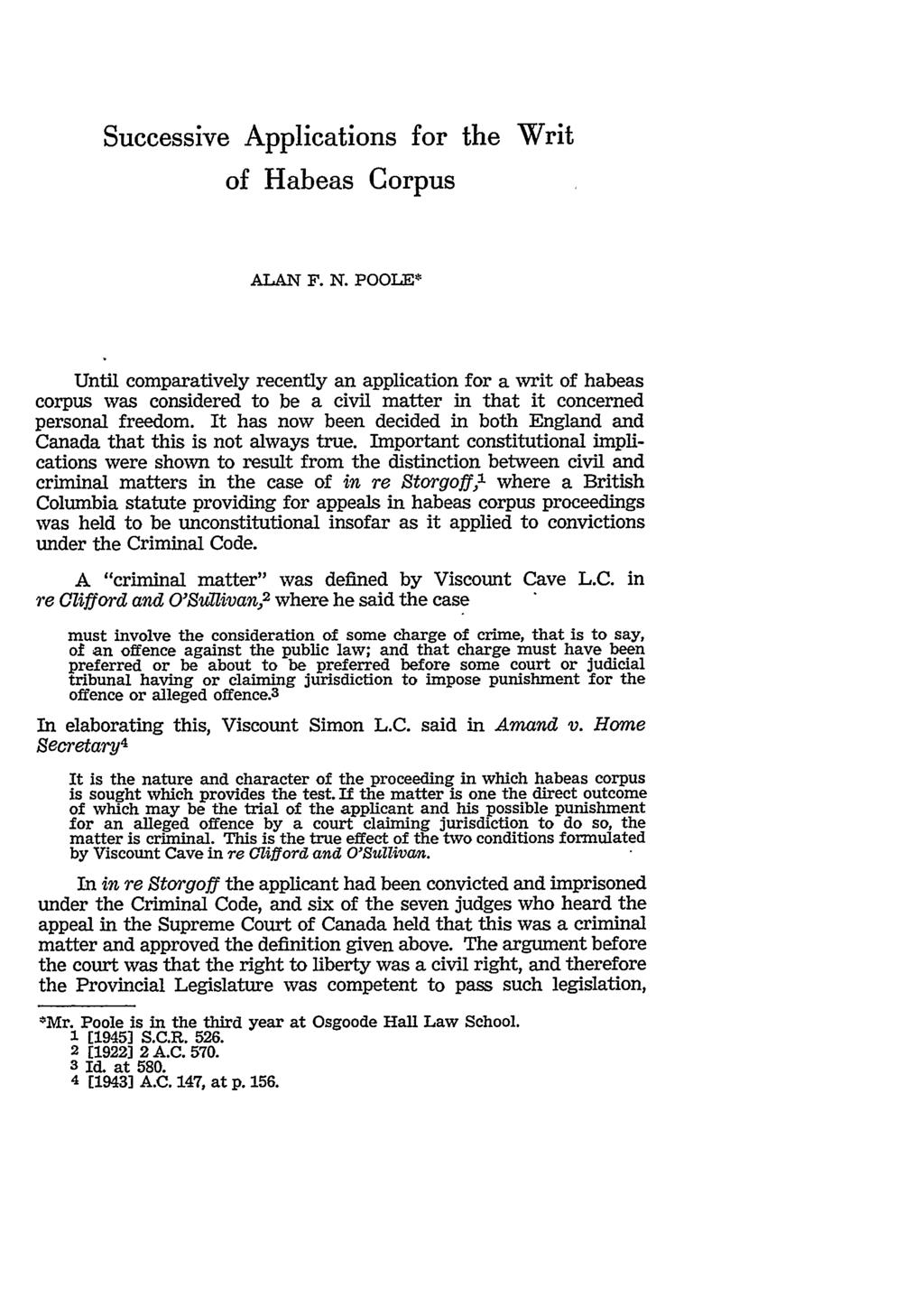 Successive Applications for the Writ of Habeas Corpus ALAN F. N.