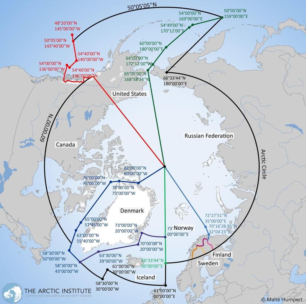 Figure 4: Arctic Search and Rescue Zones showing National Country Limits. Recent tensions, especially in Ukraine, have, however, induced growing military activity in the Artic.