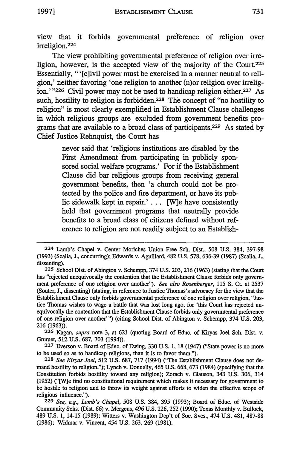1997] ESTABLISHMENT CLAUSE view that it forbids governmental preference of religion over irreligion.