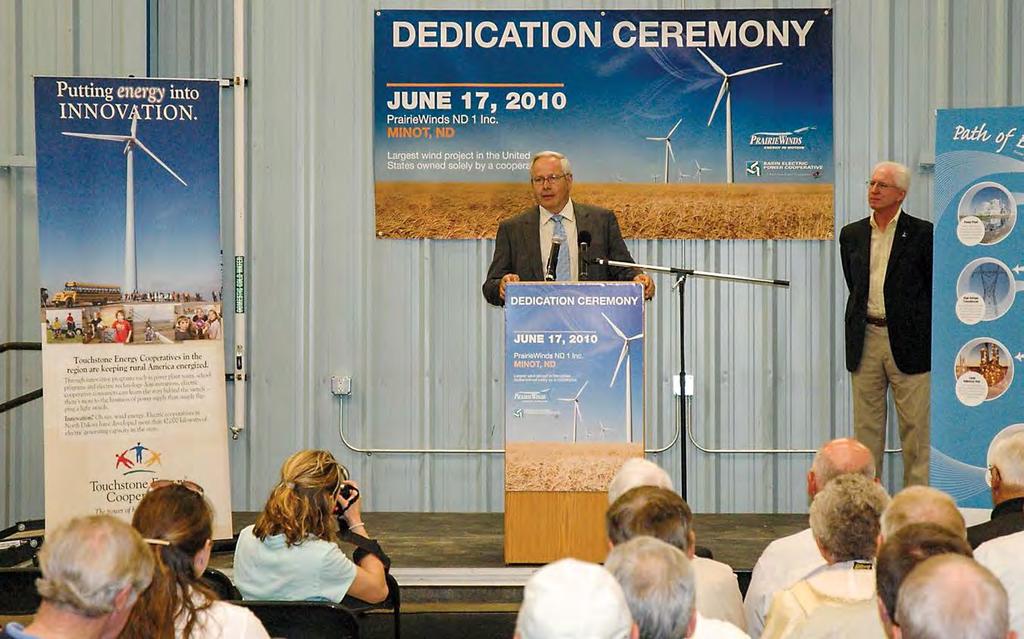 Cliff Gjellstad, a Verendrye director from 1985 to 2012, speaks at the dedication of Prairie Winds ND 1 in 2010. Cliff is a past chairman of Basin Electric Power Co-op.