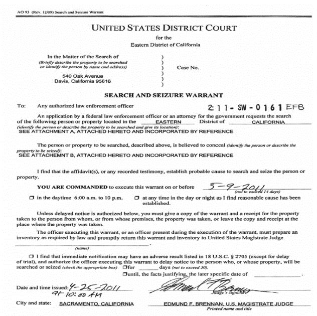 Sample Warrants This is a signed Judicial Warrant. It is issued by a US District Court.