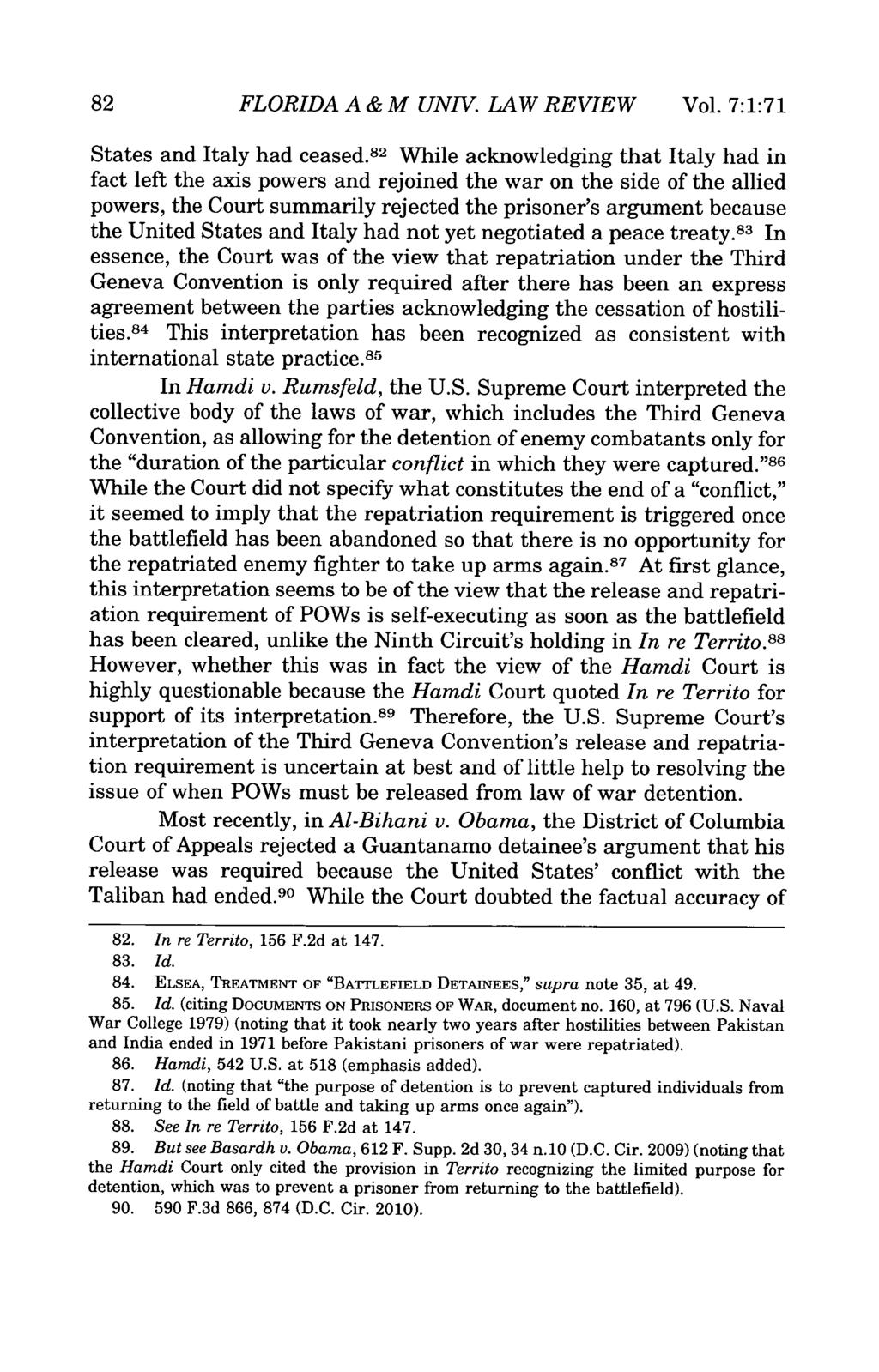 82 FLORIDA A & M UNIV. LAW REVIEW Vol. 7:1:71 States and Italy had ceased.