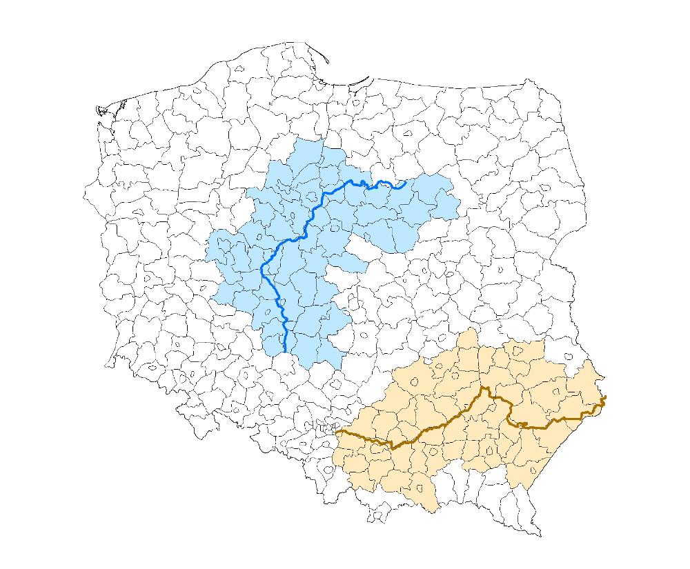 Figure 3: Partition borders and sample counties within interwar Poland The figure shows the sample counties within the Second Polish Republic (1918-1939) at the Prussian-Russian partition border