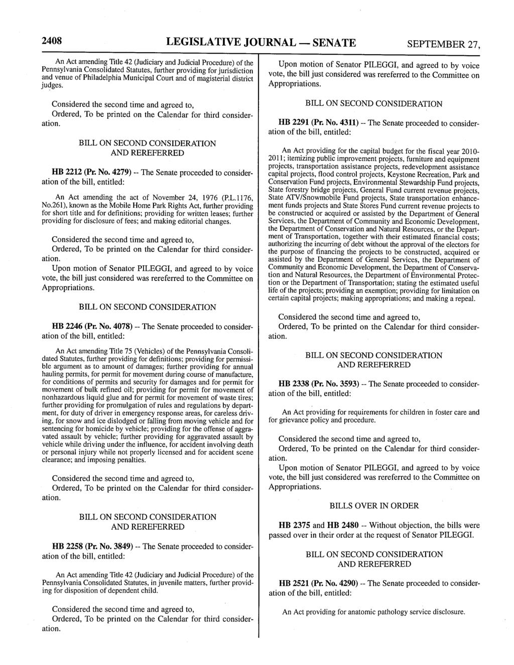 2408 LEGISLATIVE JOURNAL - SENATE SEPTEMBER 27, An Act amending Title 42 (Judiciary and Judicial Procedure) of the Pennsylvania Consolidated Statutes, further providing for jurisdiction and venue of