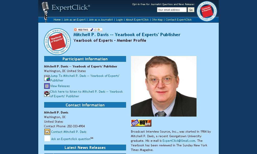 A sample expert's page with links to his Web site and news releases on the left.