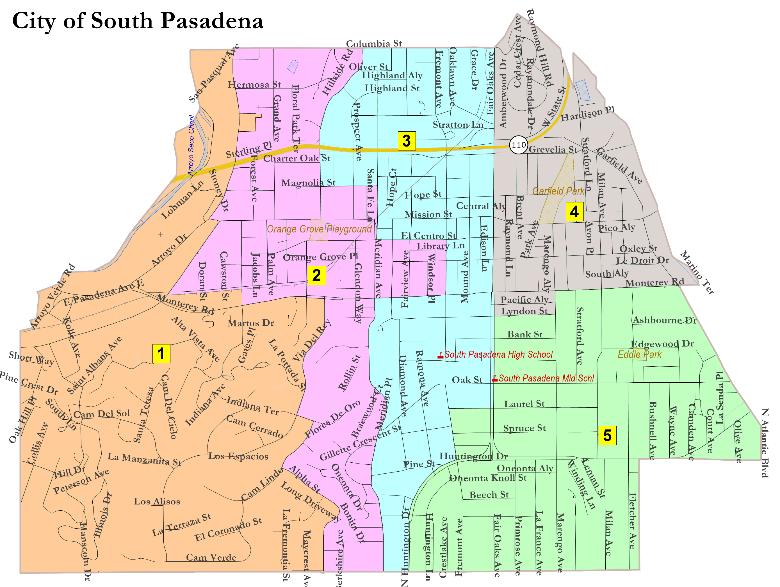 each district touches the Colorado Blvd / Old Pasadena redevelopment area; South