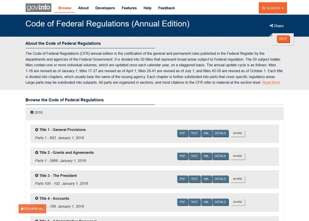 Code of Federal Regulations Codified version of agency rules; updated annually on a rolling schedule