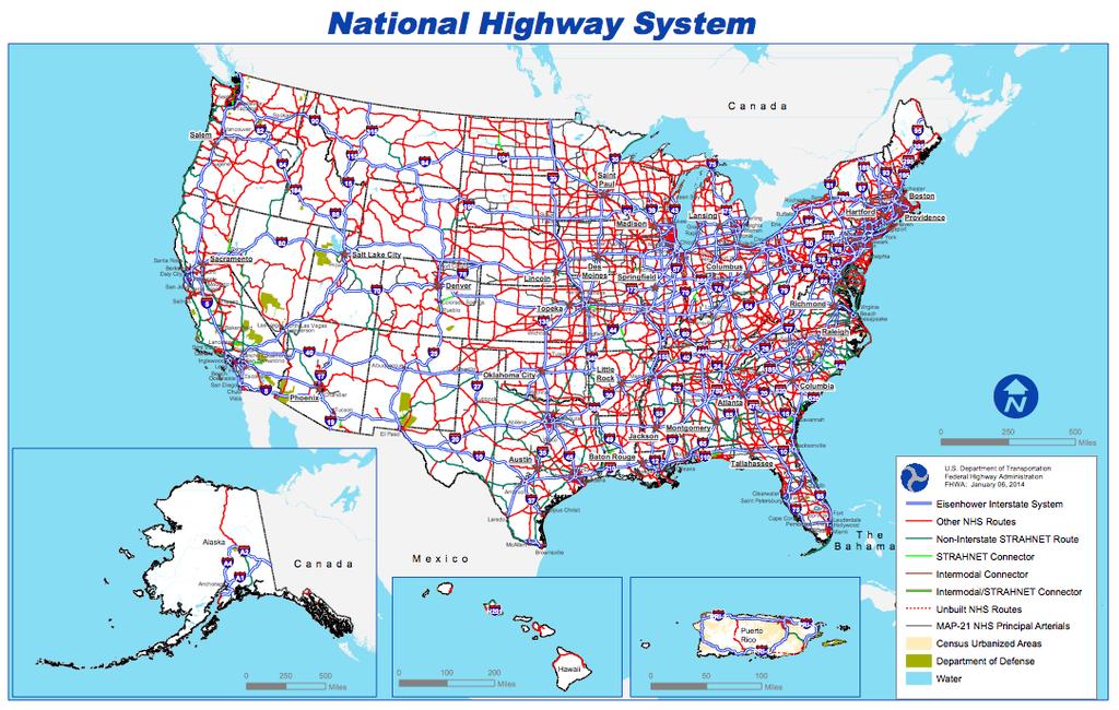 12 225,000 miles of roads 11 on the NHS, only 46,876 miles about 1 percent of all mileage in the U.S. are Interstate Highways.