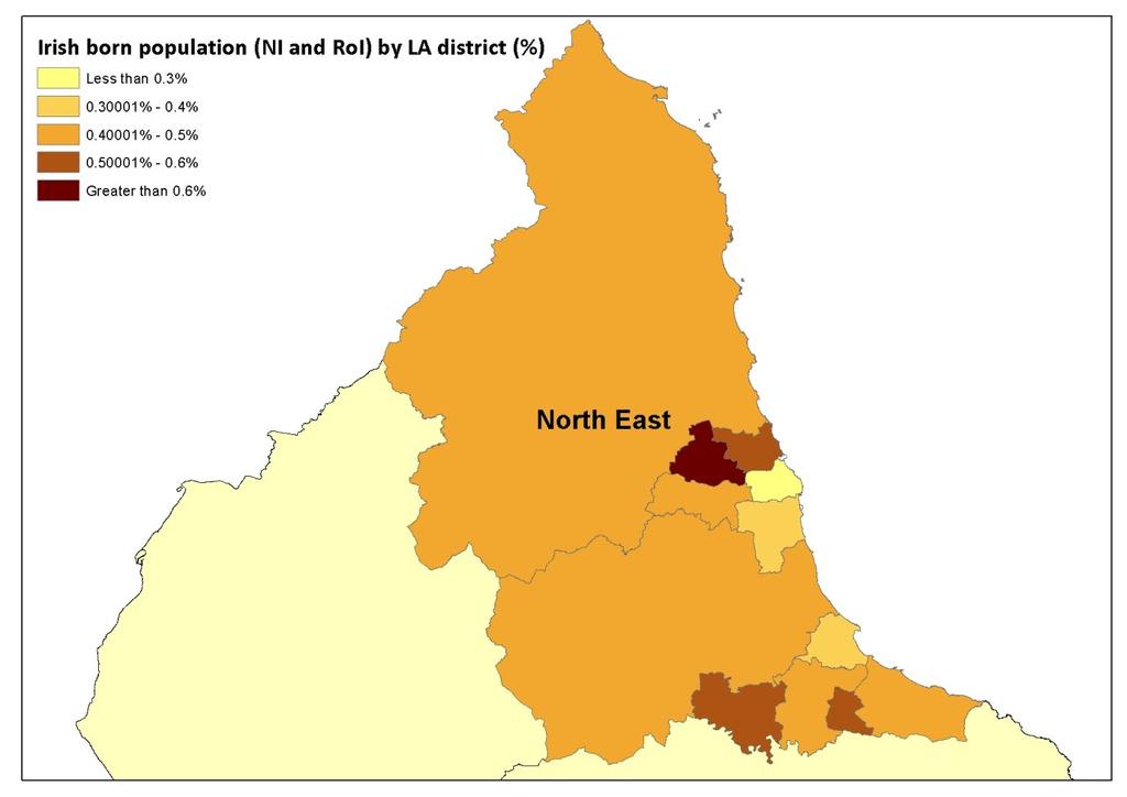 Map 1 illustrates the distribution of the Ireland-born (Republic and Northern) population in the North East.