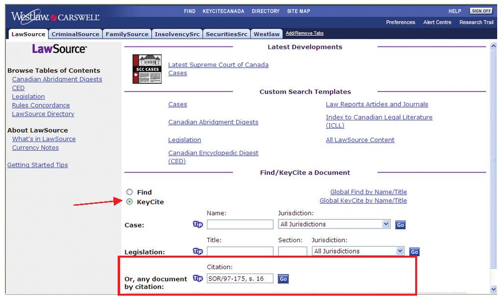 In the Find/KeyCite a Document section at the bottom of the home page, select the KeyCite button. 2. Enter all or part of the regulation title in the Title box, e.g. Title: child support guidelines.