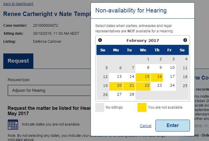 3 The listing details display. Click the calendar icon to select any dates you are NOT available for a hearing date.