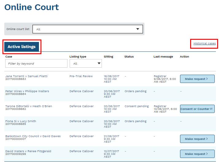 Dashboard When the client logs in to the Online Court their dashboard will display. The dashboard has two key areas: 1. Active listings 2.