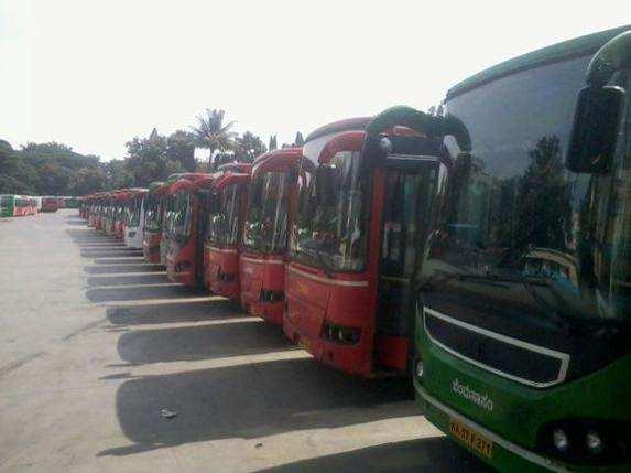 BMTC buses parked in Banashankari bus depot.
